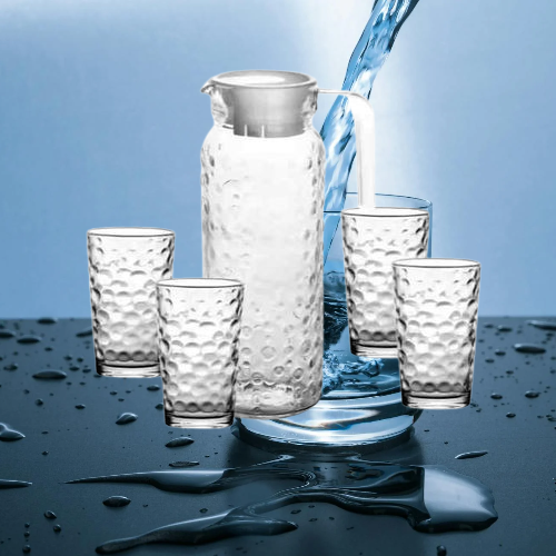 Deli Fancy Glass Jug Pitcher Set 1 Jug + 3 Drinking glasses